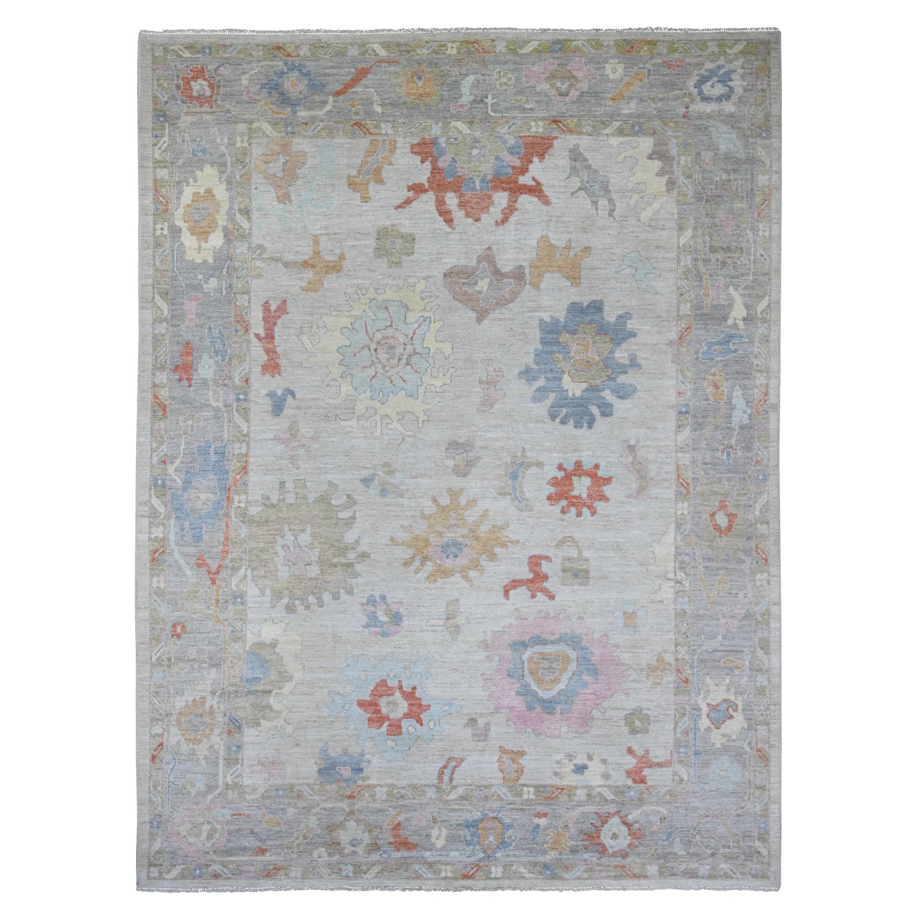 Linen White, 100% Wool, Afghan Angora Oushak with All Over Leaf Design, Hand Knotted, Vegetable Dyes, Oriental Rug